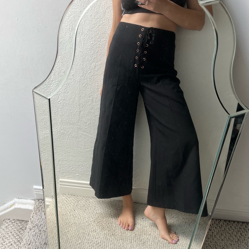 Topshop Black Wide-Leg Lace-Up Pants